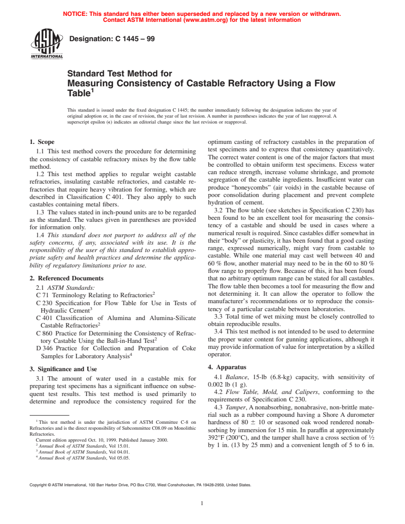 ASTM C1445-99 - Standard Test Method for Measuring Consistency of Castable Refractory Using a Flow Table