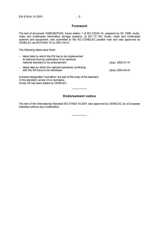 EN 61834-10:2001 EN 61834-10:2005 - Page 4 preview