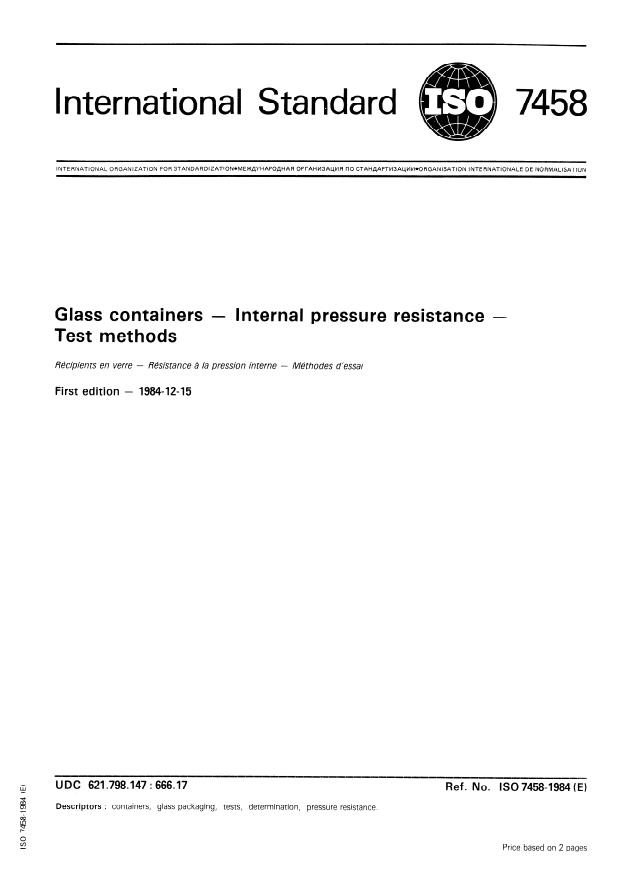 ISO 7458:1984 - Glass containers -- Internal pressure resistance -- Test methods