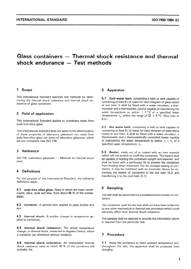 ISO 7459:1984 - Glass containers -- Thermal shock resistance and thermal shock endurance -- Test methods