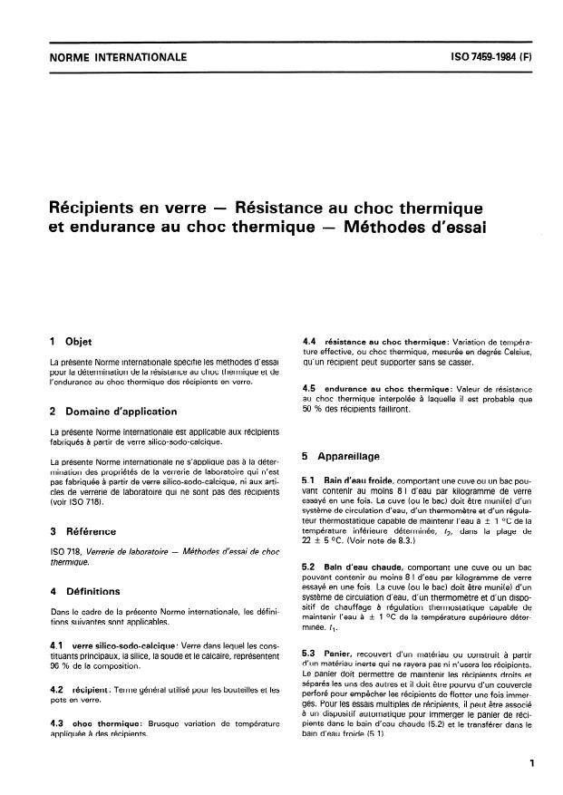 ISO 7459:1984 - Récipients en verre -- Résistance au choc thermique et endurance au choc thermique -- Méthodes d'essai