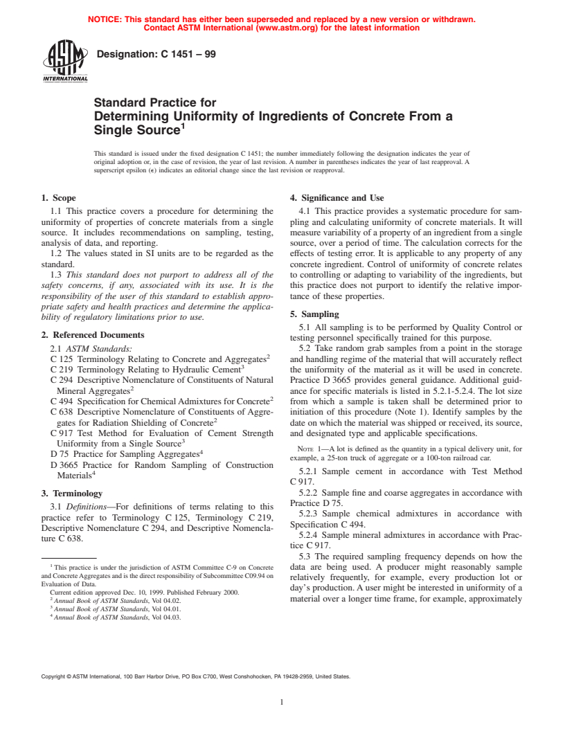 ASTM C1451-99 - Standard Practice for Determining Uniformity of Ingredients of Concrete From a Single Source