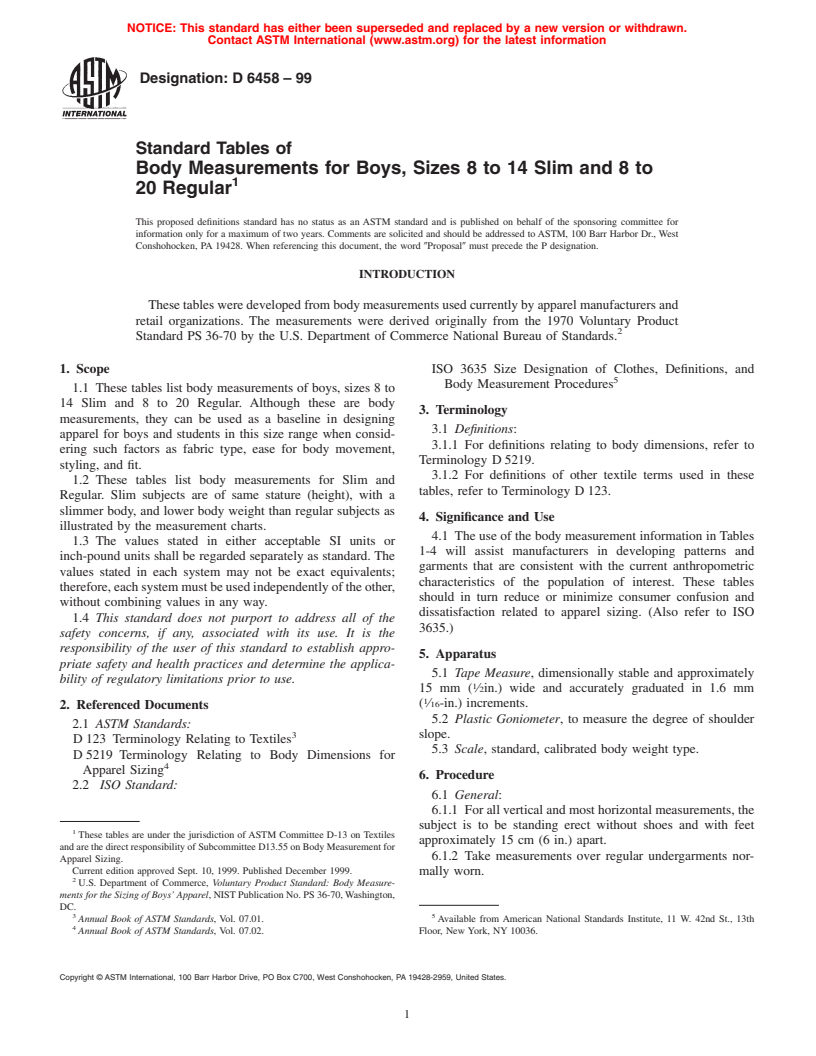 ASTM D6458-99 - Standard Tables of Body Measurements for Boys, Sizes 8 to 14 Slim and 8 to 20 Regular