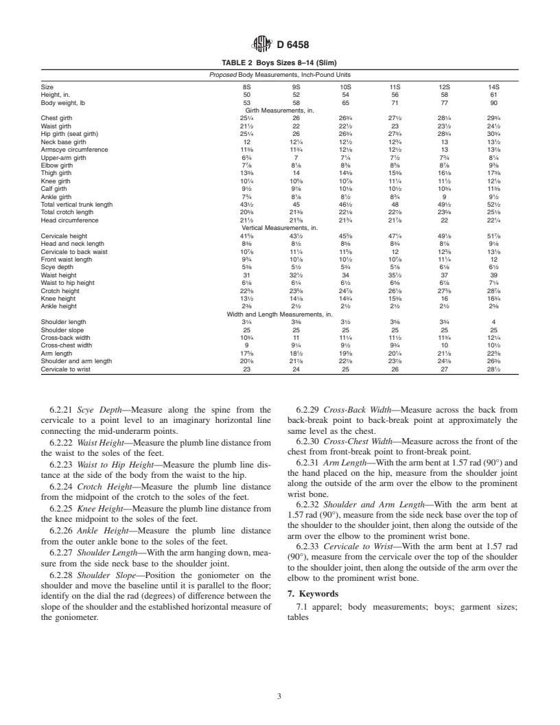 ASTM D6458-99 - Standard Tables of Body Measurements for Boys, Sizes 8 to 14 Slim and 8 to 20 Regular