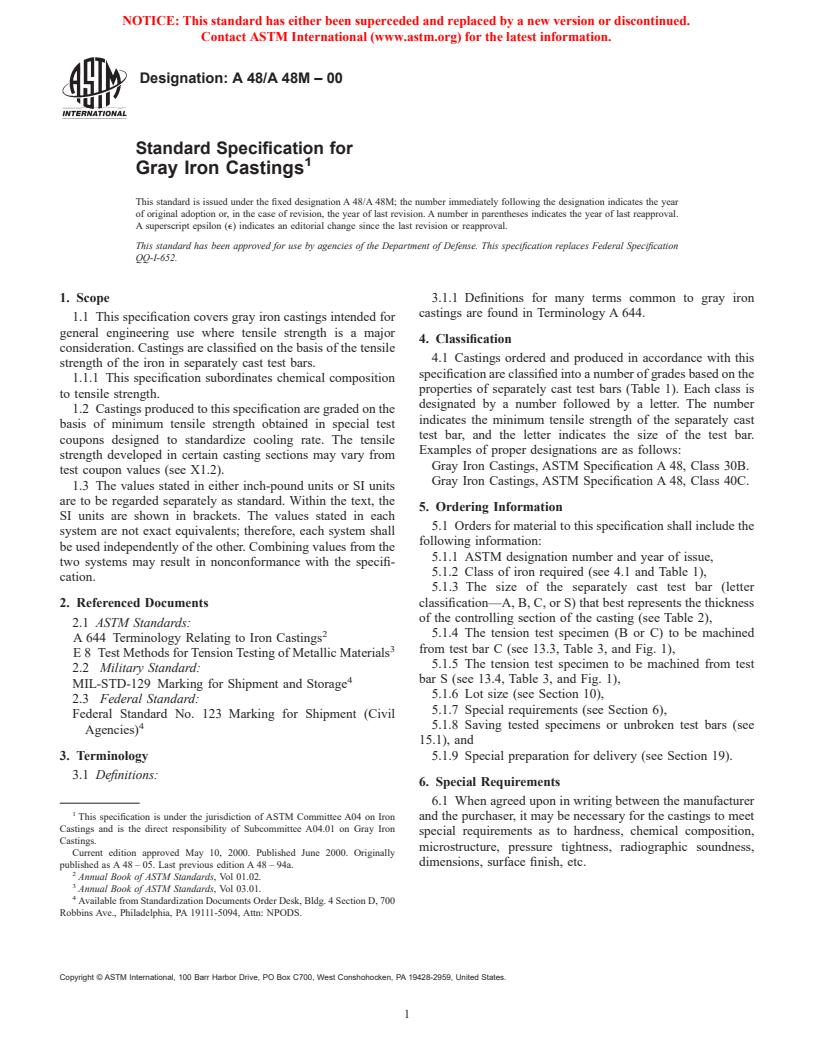 ASTM A48/A48M-00 - Standard Specification for Gray Iron Castings