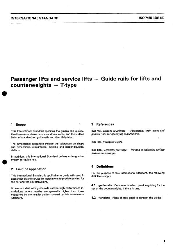 ISO 7465:1983 - Passenger lifts and service lifts -- Guide rails for lifts and counterweights -- T-type