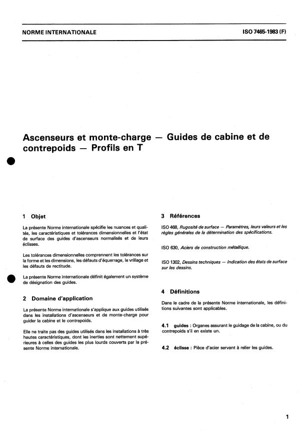 ISO 7465:1983 - Ascenseurs et monte-charge -- Guides de cabine et de contrepoids -- Profils en T