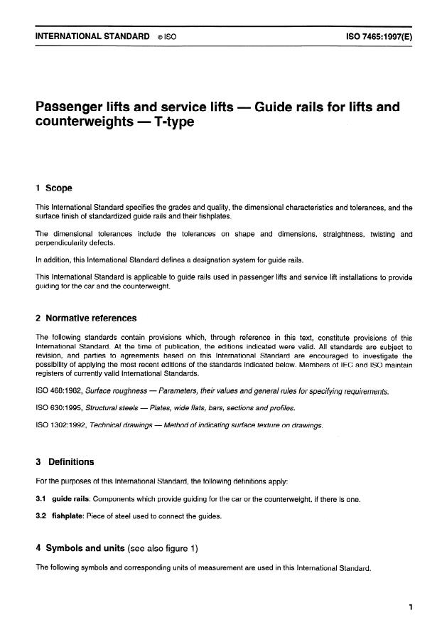 ISO 7465:1997 - Passenger lifts and service lifts -- Guide rails for lifts and counterweights -- T-type