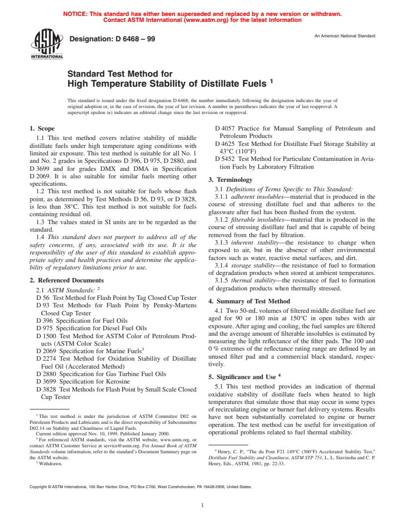 ASTM D6468-99 - Standard Test Method for High Temperature Stability of Distillate Fuels