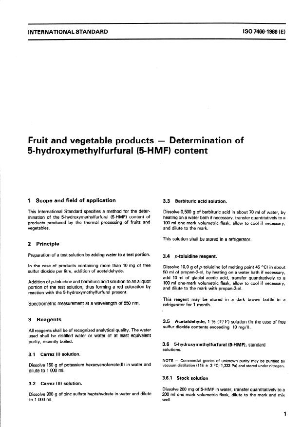 ISO 7466:1986 - Fruit and vegetable products -- Determination of 5-hydroxymethylfurfural (5-HMF) content
