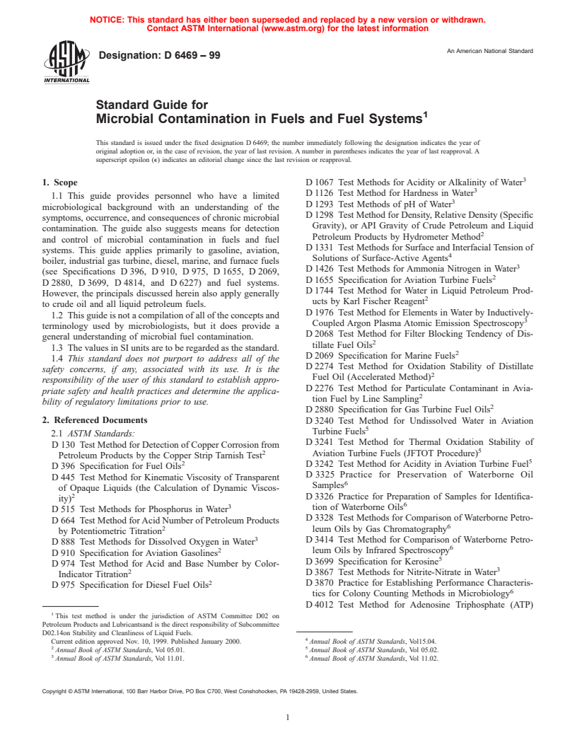 ASTM D6469-99 - Standard Guide for Microbial Contamination in Fuels and Fuel Systems