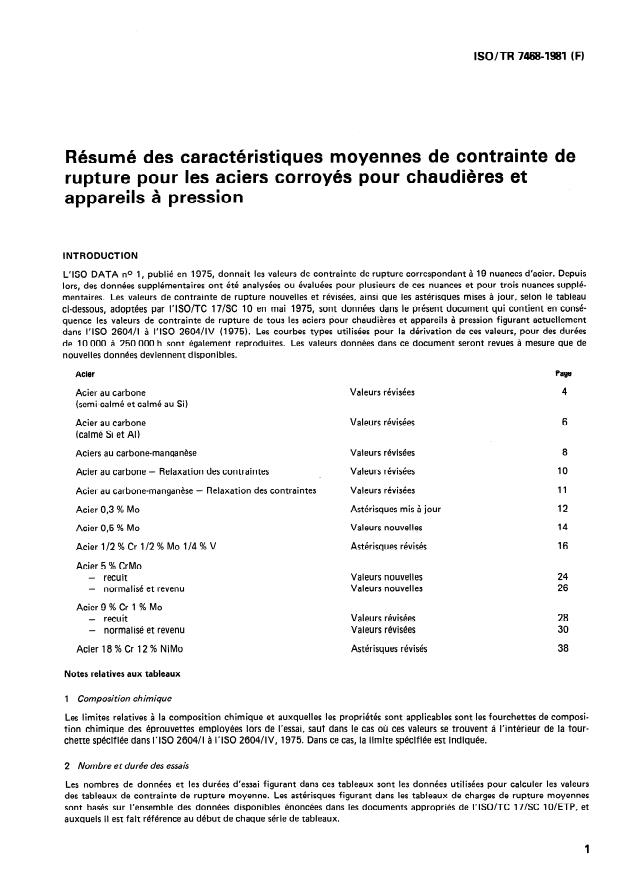 ISO/TR 7468:1981 - Résumé des caractéristiques moyennes de contrainte de rupture pour les aciers corroyés pour chaudieres et appareils a pression