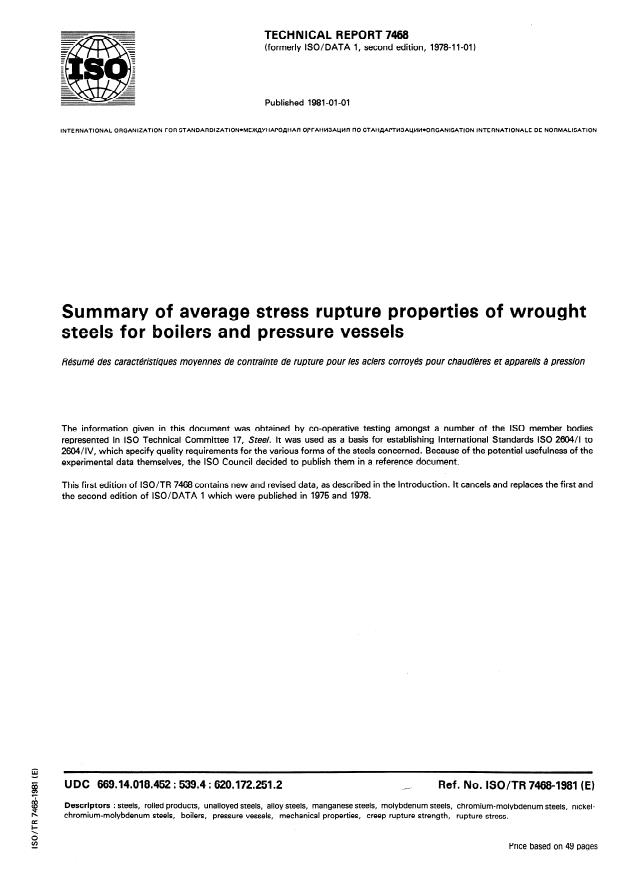 ISO/TR 7468:1981 - Summary of average stress rupture properties of wrought steels for boilers and pressure vessels
