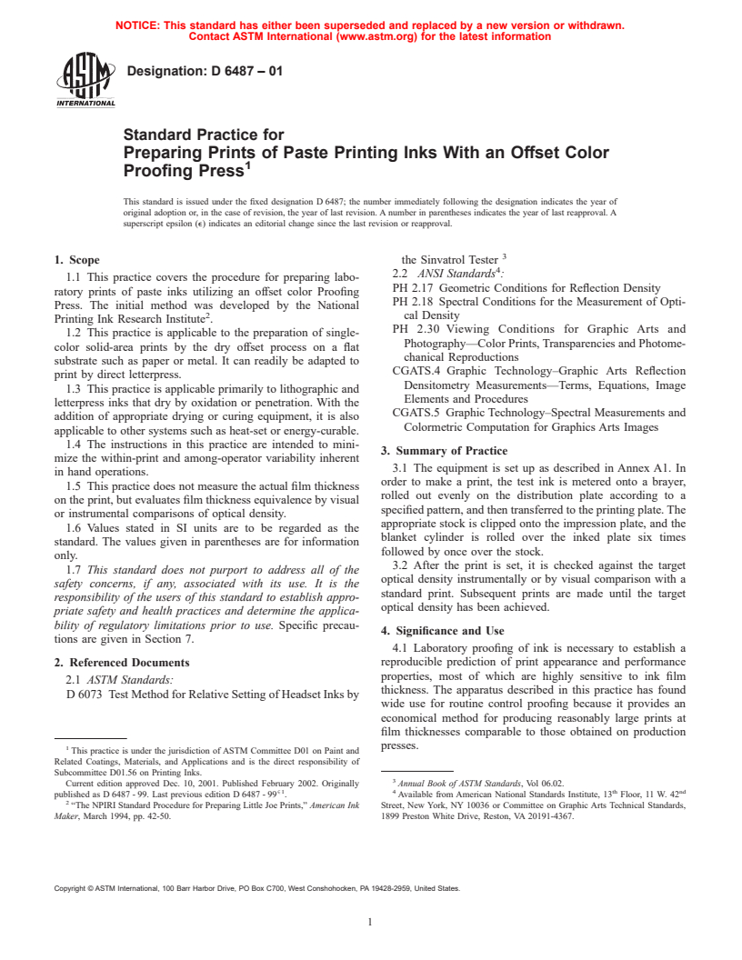 ASTM D6487-01 - Standard Practice for Preparing Prints of Paste Printing Inks With an Offset Color Proofing Press