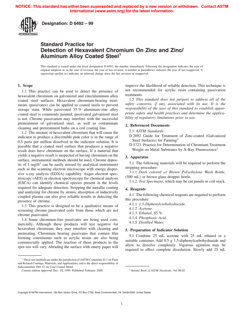 ASTM D6492-99 - Standard Practice for Detection of Hexavalent Chromium On Zinc and Zinc/Aluminum Alloy Coated Steel