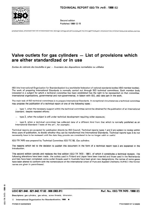 ISO/TR 7470:1988 - Valve outlets for gas cylinders -- List of provisions which are either standardized or in use