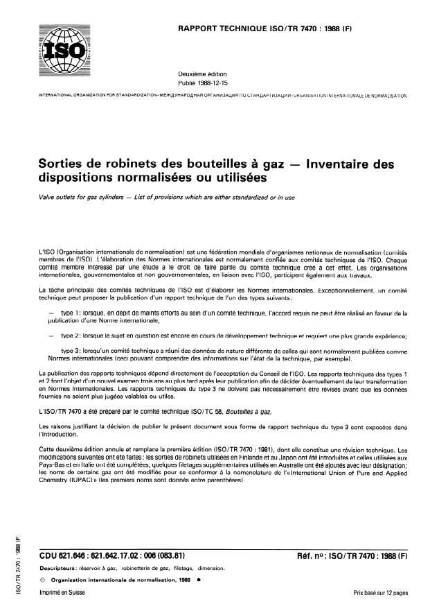 ISO/TR 7470:1988 - Sorties de robinets des bouteilles a gaz -- Inventaire des dispositions normalisées ou utilisées