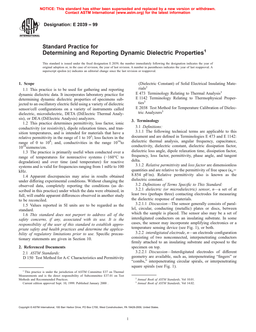 ASTM E2039-99 - Standard Practice for Determining and Reporting Dynamic Dielectric Properties