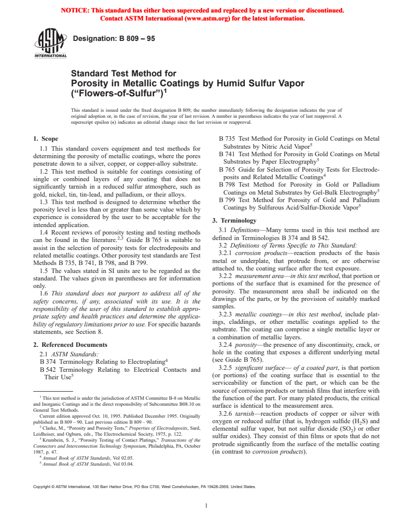 ASTM B809-95 - Standard Test Method for Porosity in Metallic Coatings by Humid Sulfur Vapor ("Flowers-of-Sulfur")