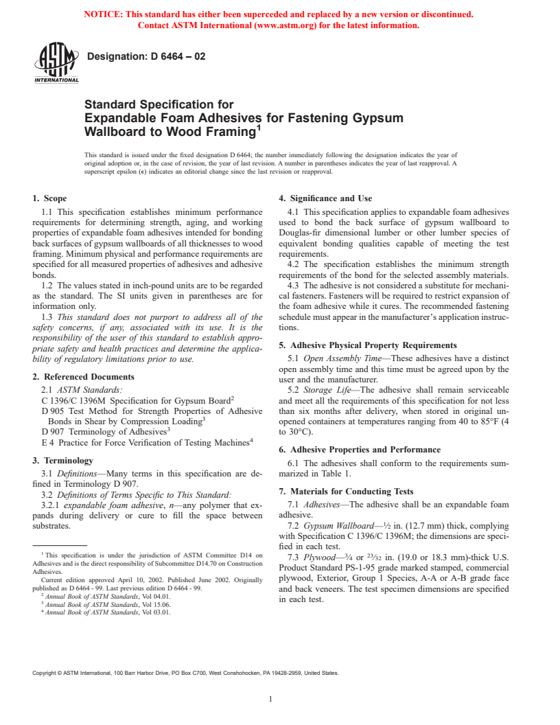 ASTM D6464-02 - Standard Specification for Expandable Foam Adhesives for Fastening Gypsum Wallboard to Wood Framing