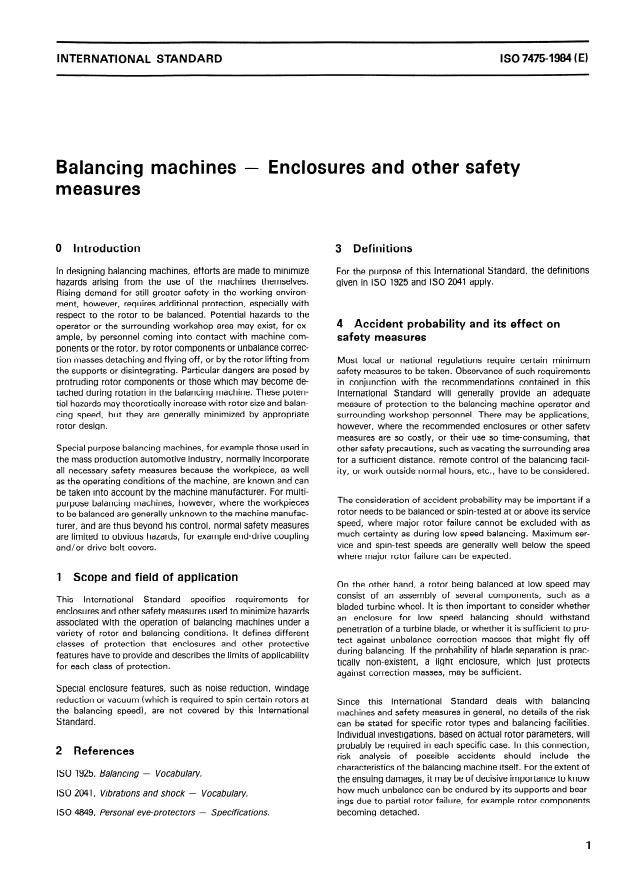ISO 7475:1984 - Balancing machines -- Enclosures and other safety measures