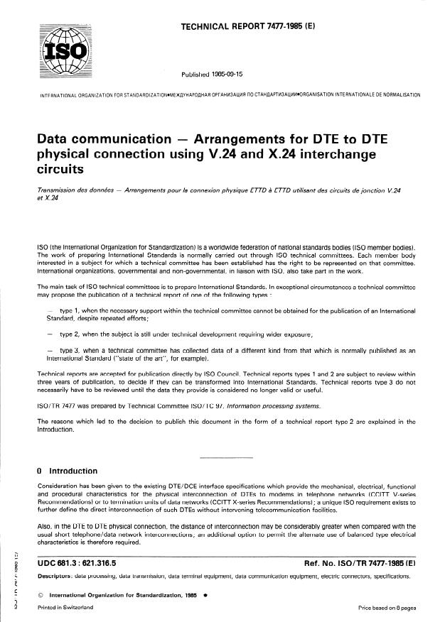 ISO/TR 7477:1985 - Data communication -- Arrangements for DTE to DTE physical connection using V.24 and X.24 interchange circuits