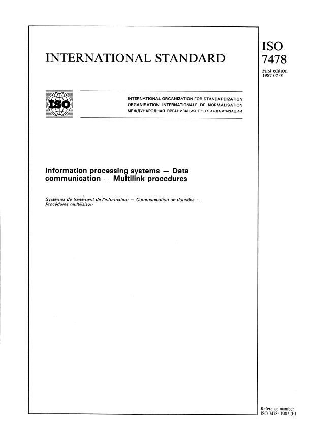 ISO 7478:1987 - Information processing systems -- Data communication -- Multilink procedures