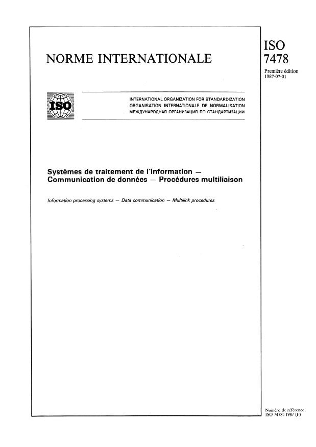 ISO 7478:1987 - Systemes de traitement de l'information -- Communication de données -- Procédures multiliaison