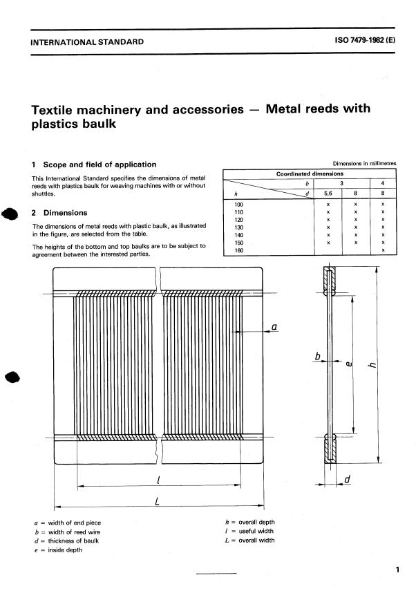 ISO 7479:1982 - Textile machinery and accessories -- Metal reeds with plastic baulk