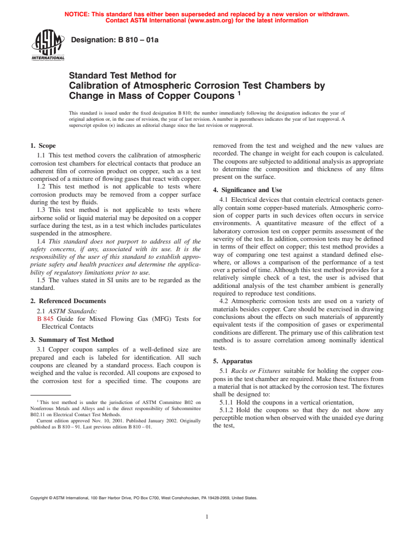 ASTM B810-01a - Standard Test Method for Calibration of Atmospheric Corrosion Test Chambers by Change in Mass of Copper Coupons