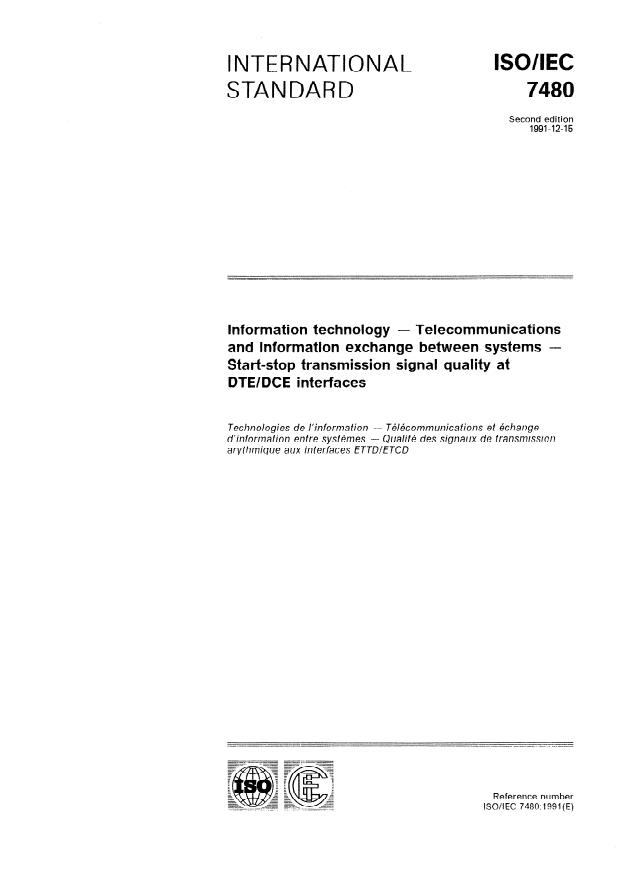 ISO/IEC 7480:1991 - Information technology -- Telecommunications and information exchange between systems -- Start-stop transmission signal quality at DTE/DCE interfaces