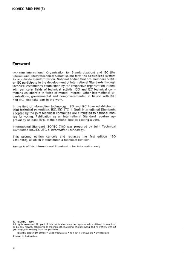 ISO/IEC 7480:1991 ISO/IEC 7480:1991 - Information technology -- Telecommunications and information exchange between systems -- Start-stop transmission signal quality at DTE/DCE interfaces - Page 2 preview