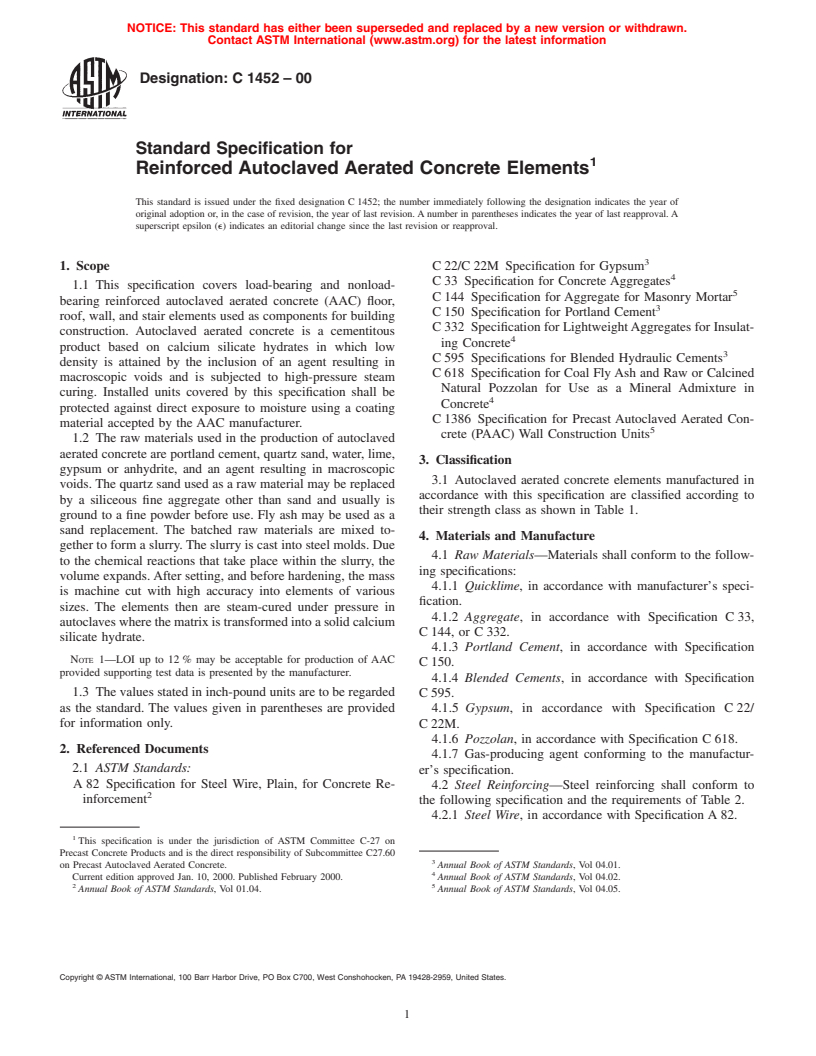 ASTM C1452-00 - Standard Specification for Reinforced Autoclaved Aerated Concrete Elements