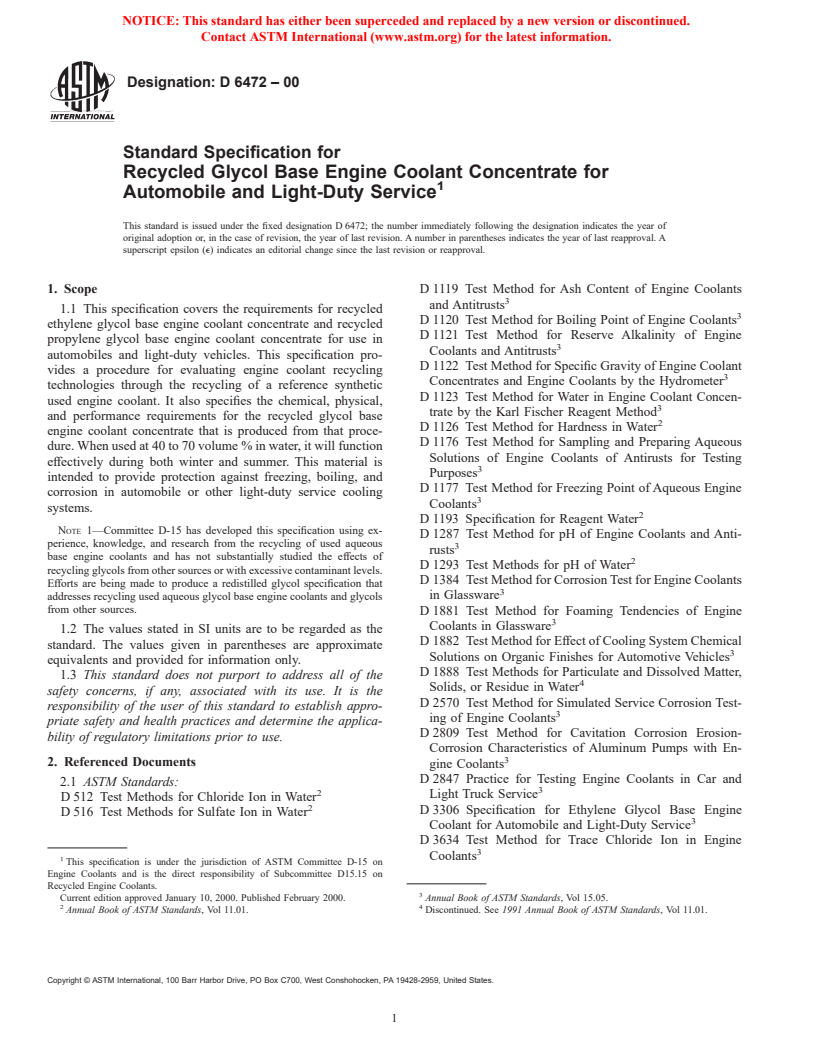 ASTM D6472-00 - Standard Specification for Recycled Glycol Base Engine Coolant Concentrate for Automobile and Light-Duty Service