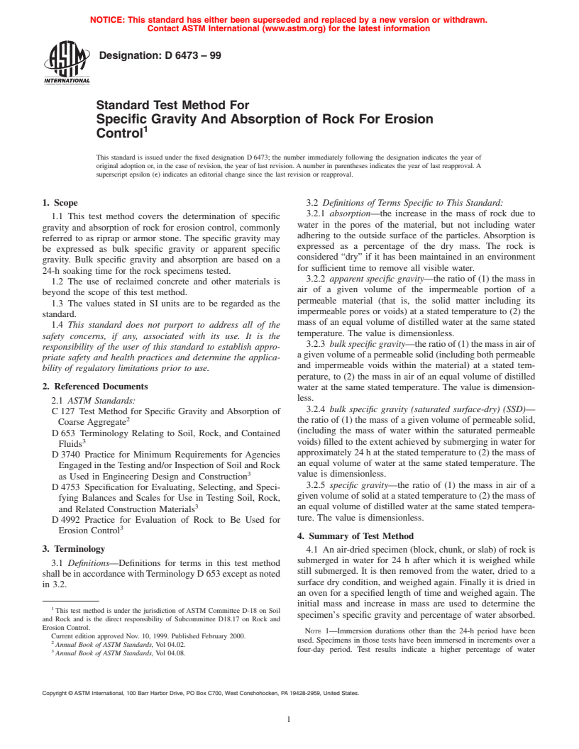 ASTM D6473-99 - Standard Test Method for Specific Gravity and Absorption of Rock For Erosion Control