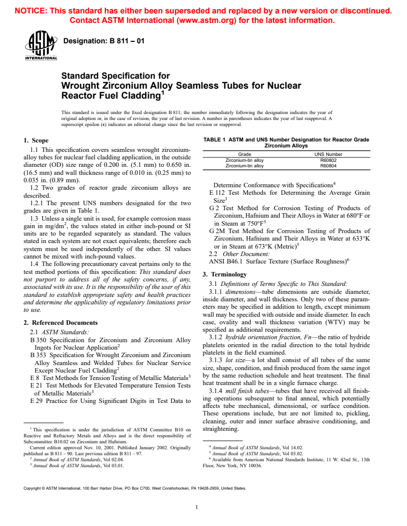 ASTM B811-01 - Standard Specification for Wrought Zirconium Alloy Seamless Tubes for Nuclear Reactor Fuel Cladding