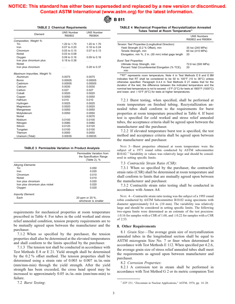 ASTM B811-01 - Standard Specification for Wrought Zirconium Alloy Seamless Tubes for Nuclear Reactor Fuel Cladding