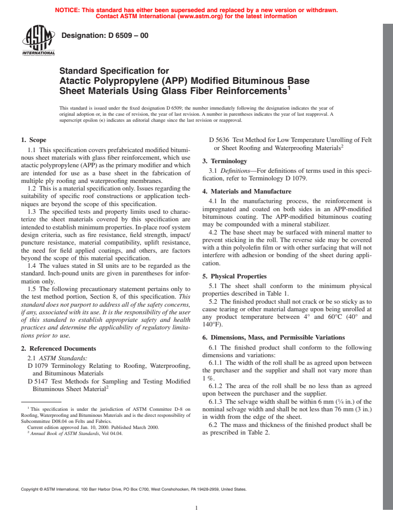 ASTM D6509-00 - Standard Specification for Atactic Polypropylene (APP) Modified Bituminous Base Sheet Materials Using Glass Fiber Reinforcements