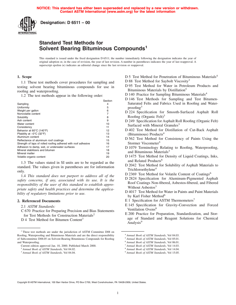 ASTM D6511-00 - Standard Test Methods for Solvent Bearing Bituminous Compounds