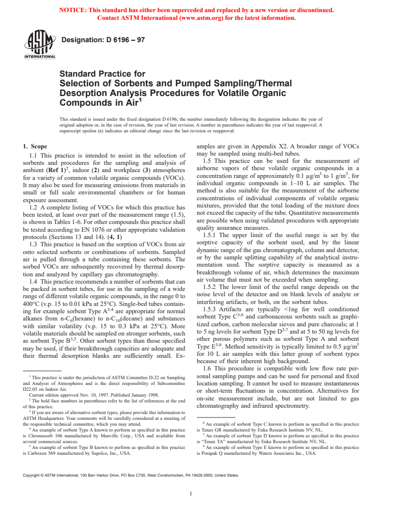 ASTM D6196-97 - Standard Practice for Selection of Sorbents and Pumped Sampling/Thermal Desorption Analysis Procedures for Volatile Organic Compunds in Air