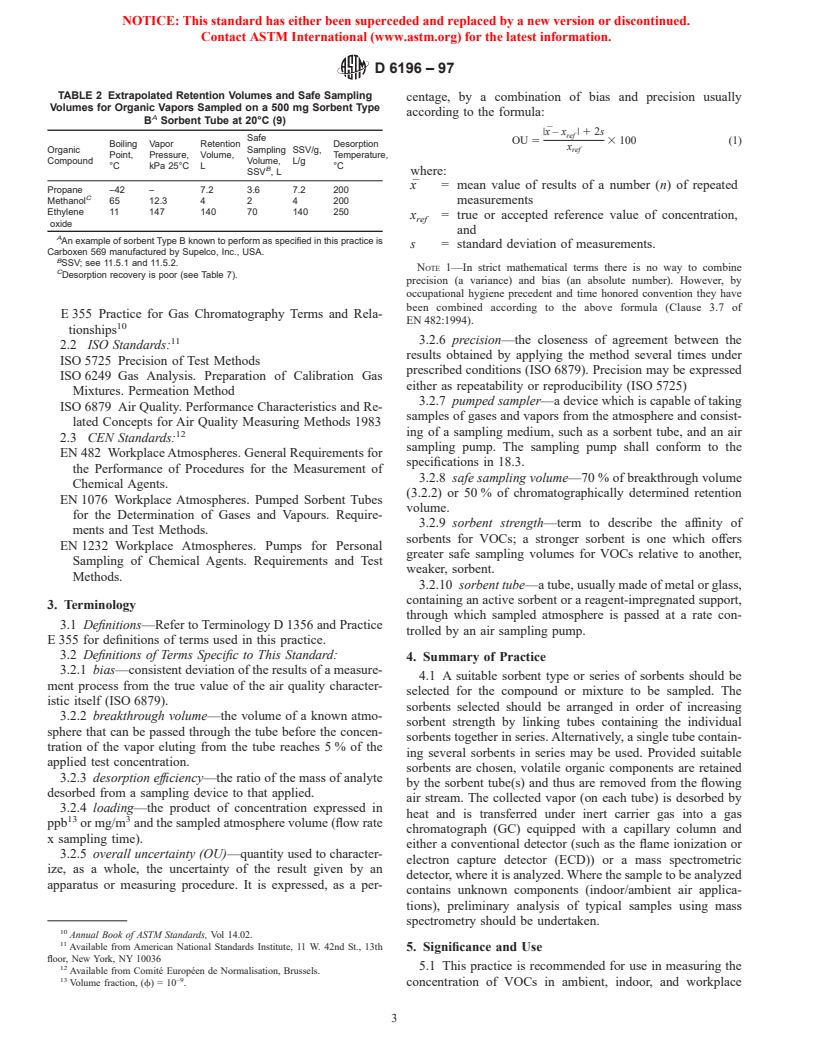 ASTM D6196-97 - Standard Practice for Selection of Sorbents and Pumped Sampling/Thermal Desorption Analysis Procedures for Volatile Organic Compunds in Air