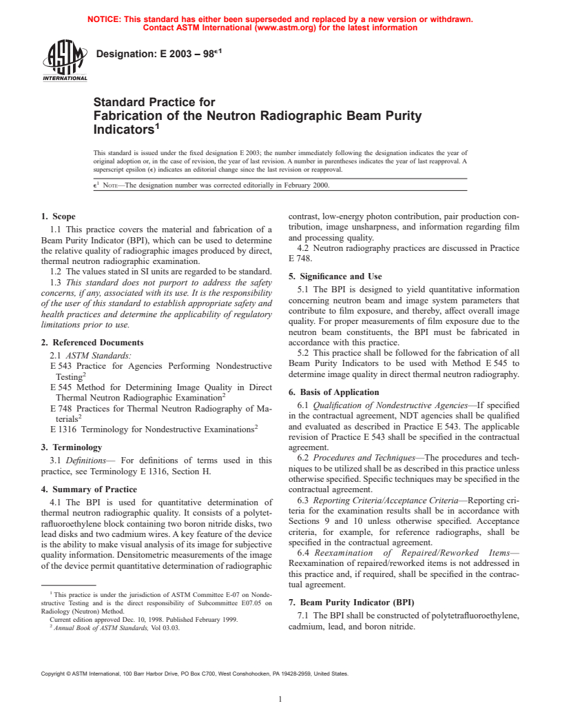 ASTM E2003-98e1 - Standard Practice for Fabrication of the Neutron Radiographic Beam Purity Indicators