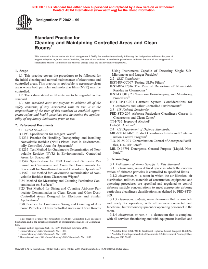 ASTM E2042-99 - Standard Practice for Cleaning and Maintaining Controlled Areas and Clean Rooms