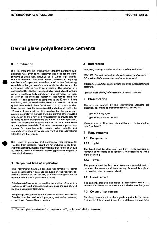 ISO 7489:1986 - Dental glass polyalkenoate cements