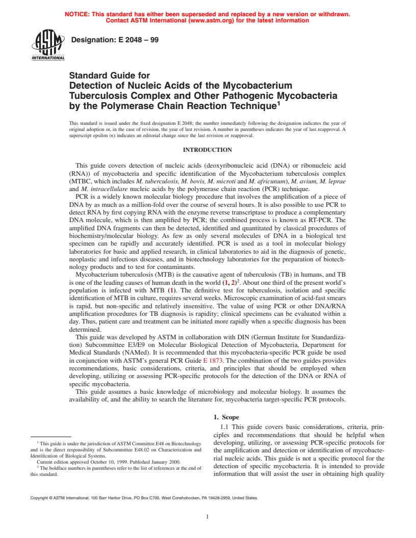 ASTM E2048-99 - Standard Guide for Detection of Nucleic Acids of the Mycobacterium Tuberculosis Complex and Other Pathogenic Mycobacteria by the Polymerase Chain Reaction Technique