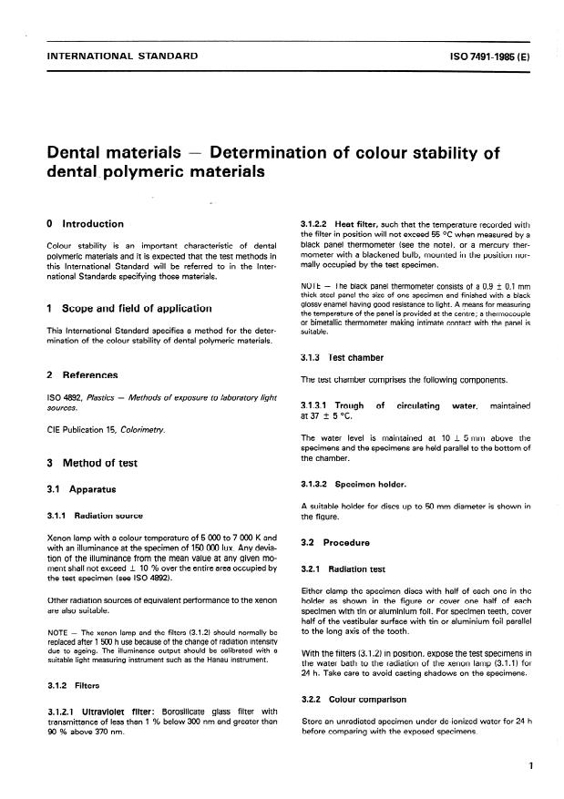 ISO 7491:1985 - Dental materials -- Determination of colour stability of dental polymeric materials