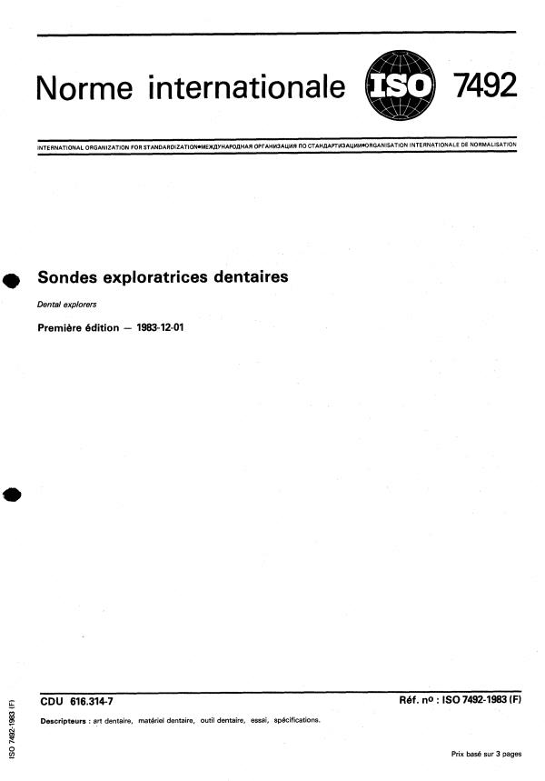 ISO 7492:1983 - Sondes exploratrices dentaires