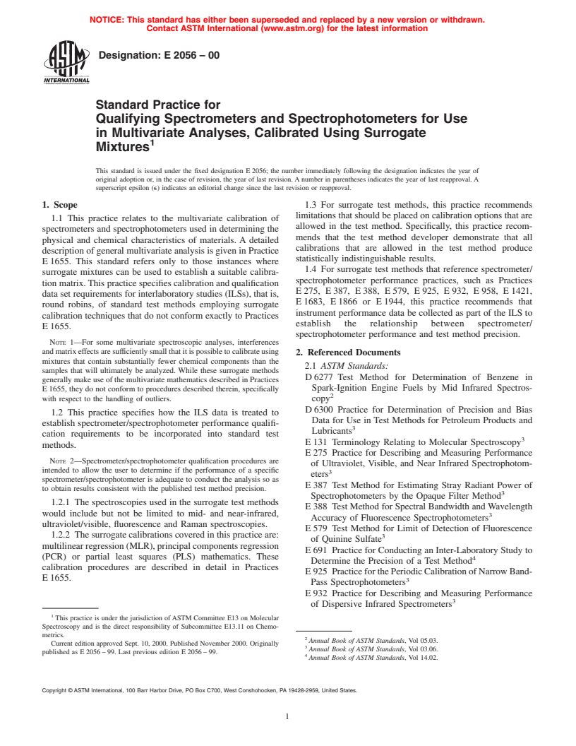 ASTM E2056-00 - Standard Practice for Qualifying Spectrometers and Spectrophotometers for Use in Multivariate Analyses, Calibrated Using Surrogate Mixtures