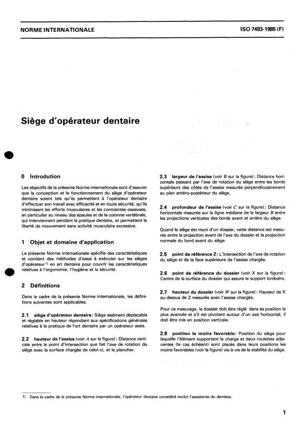 ISO 7493:1985 - Siege d'opérateur dentaire