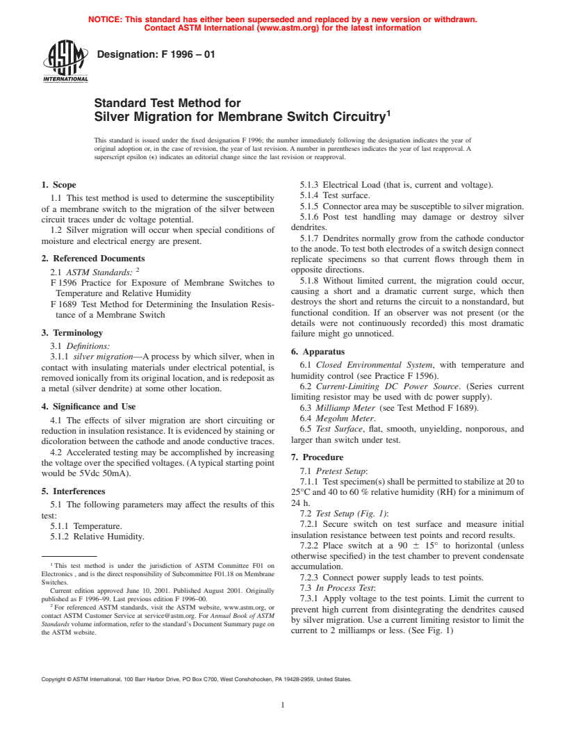 ASTM F1996-01 - Standard Test Method for Silver Migration for Membrane Switch Circuitry